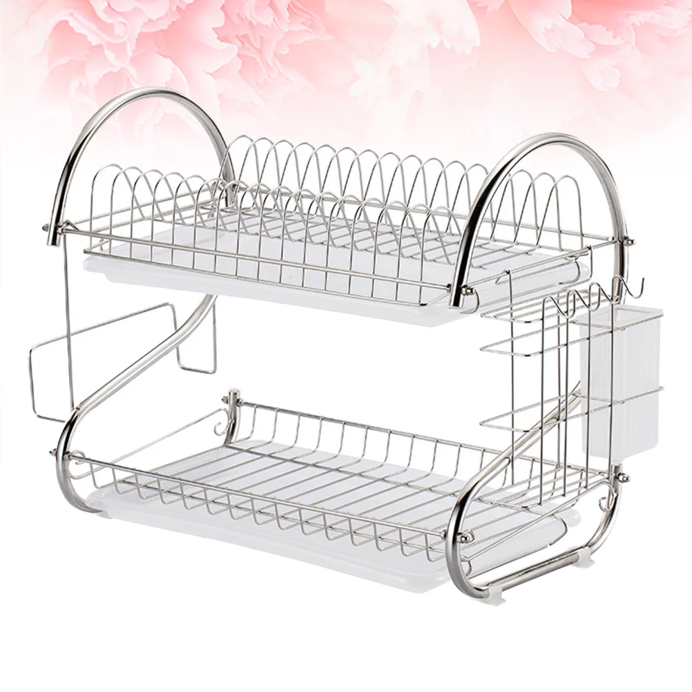 

Dish Drying Rack, Stainless Steel Dish Rack for Kitchen, 2 Tier Rust- Proof Dish Drainer with Drying Board and Utensil Holder