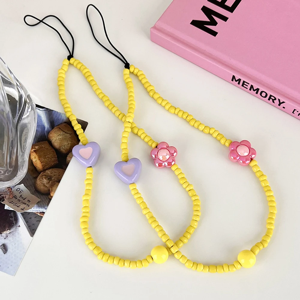 

Cute Love Heart Flower Beaded Mobile Phone Chain Charm Trendy Women Girls Wrist Pendant Cell Phone Hanging Chain Lanyard Jewelry