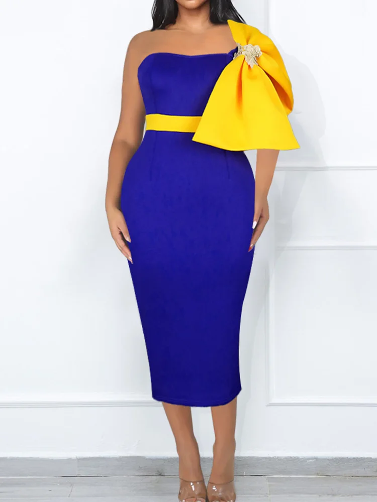 

Color Block Elegant Party Women's Dress Sexy Bow One Shoulder Summer Vestido African Women Evening Maxi Robe Night Club