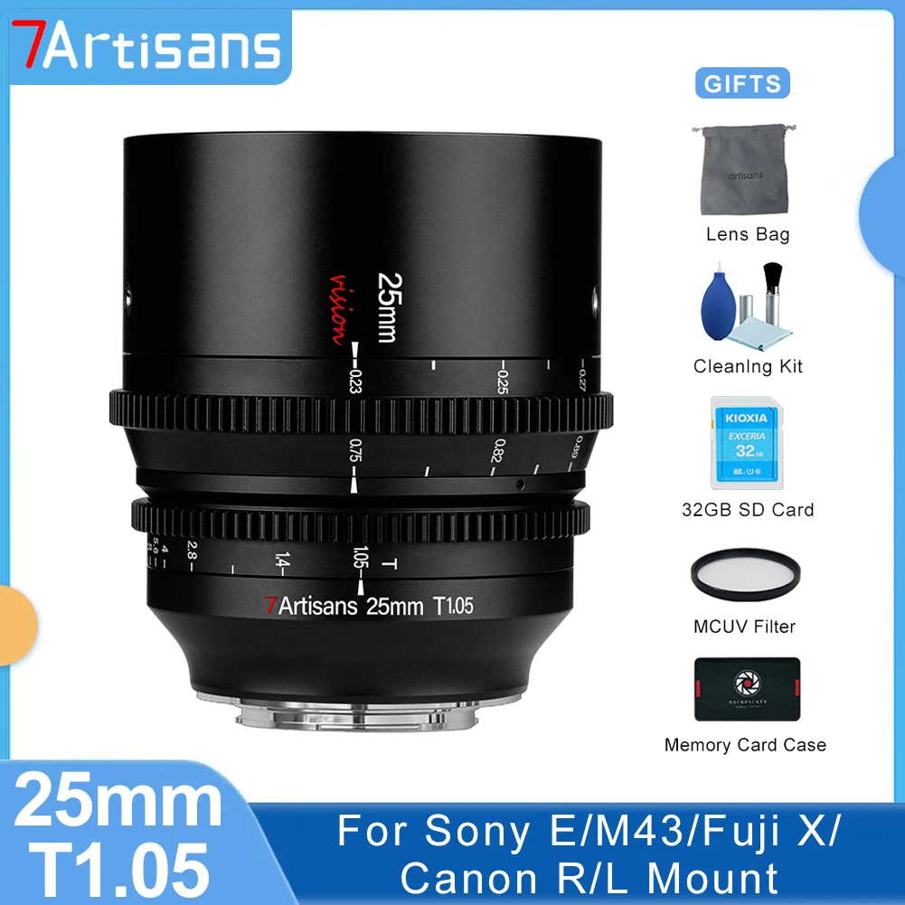 

7artisans 7artisans 25 мм T1.05 APS-C Cine, кинематографические большие апертуры для Sony E Canon R RF Fuji X M4/3 Leica Sigma Panasonic L