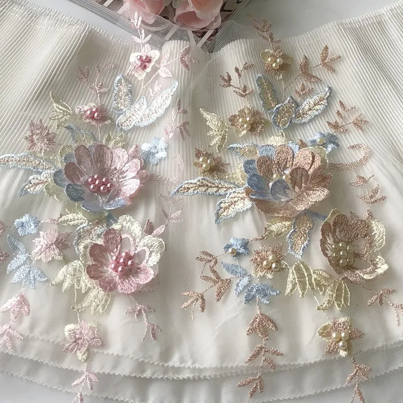 

Multicolour 3D Flowers Beaded Lace Fabrics Applique Embroidery Sewing On Mesh Patches for DIY Wedding Dress Clothing Accessories