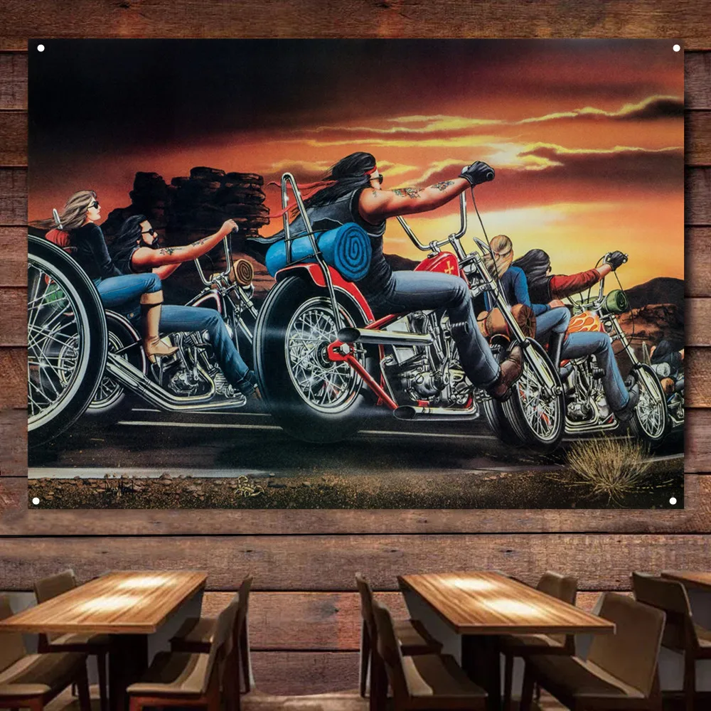 

Biking at Dusk Motorcycle Painting Banner Wall Hanging Flag For Garage Retro Bar Motor Repair Shop Man Cave Wall Decor Poster