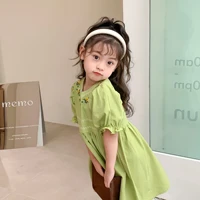 mila chou 2022 summer baby girls cute short sleeve embroidered grass green dress children cotton o neck dress kids clothes