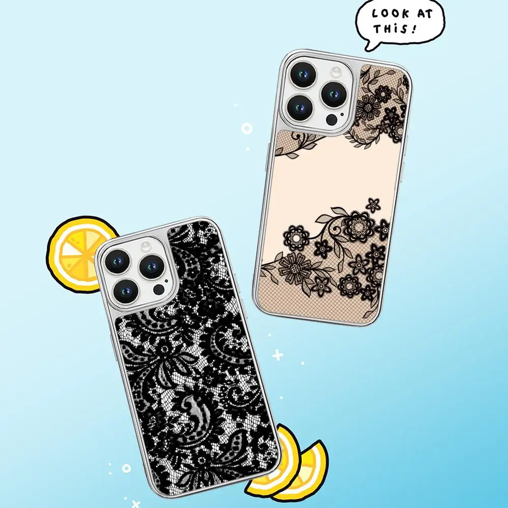 Фото Чехол для iPhone 16 15 14 13 12 11 Pro Max с черным кружевным принтом и узором, из овечьей кожи, с серебристой окантовкой, защитный чехол №2