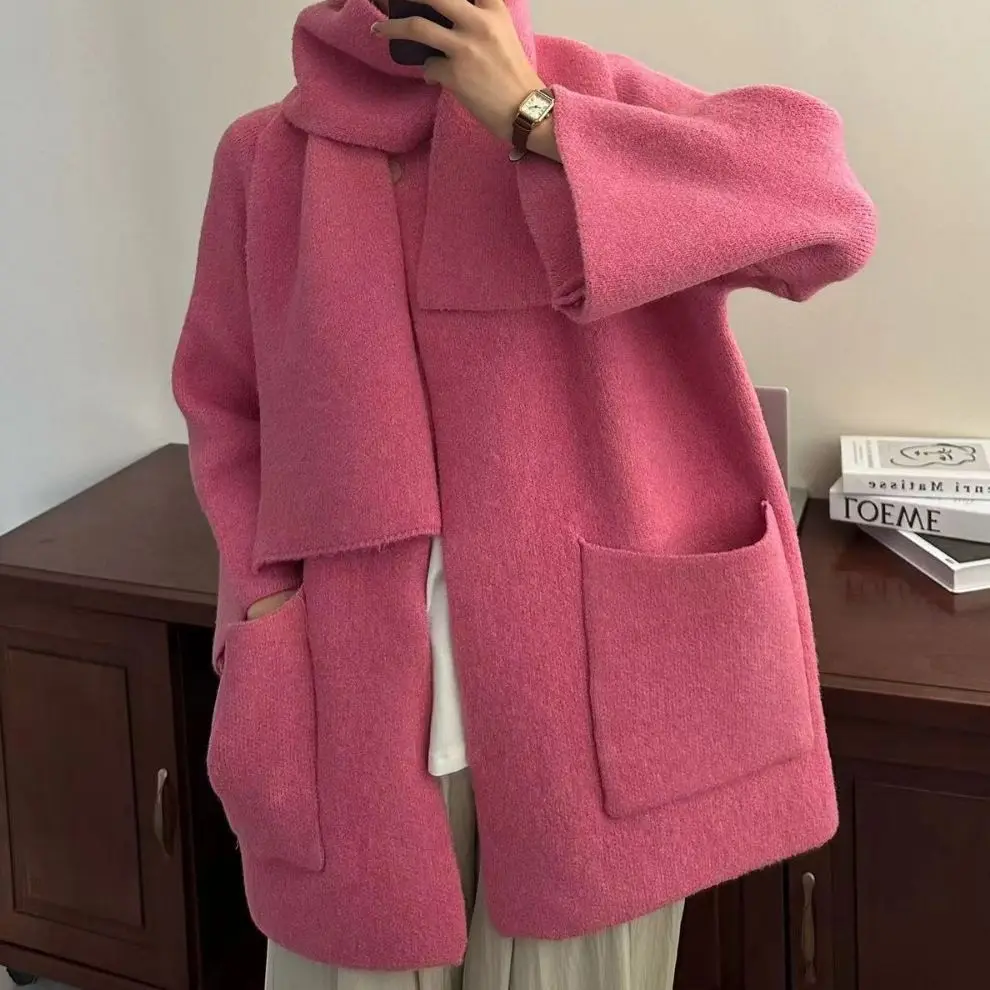 

SuperAen Korean Autumn and Winter New Loose Simple Style Round Neck Knitted Cardigan Scarf Two Piece Sweater for Women