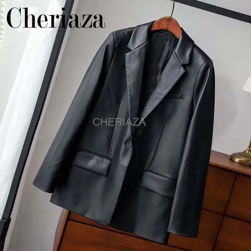 

CNERIAZA Early autumn new commuter women's black imitation leather Blazer
