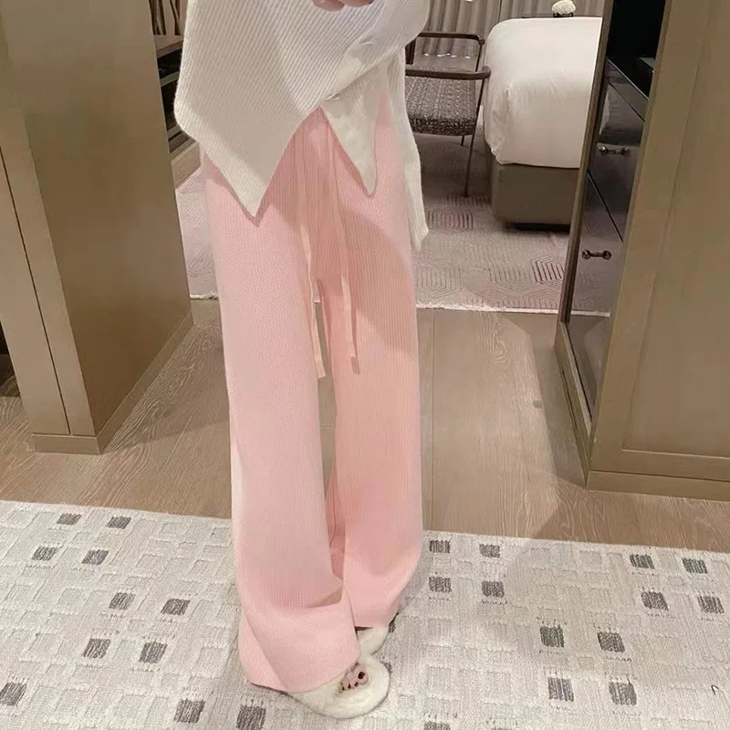 

Korean Style Women's Knitted Wide Leg Pants with Plush and Thickened High Waist Straight Tube, Casual Floor Long Pants In Winter