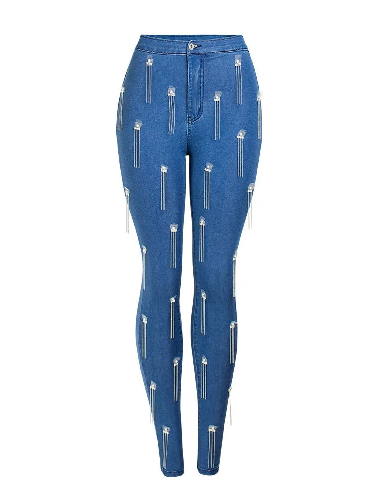 

Fake Zippers Tassel Decoration Slouchy Jeans Female High Waist Casual Skinny Denim Blue Street Wear Elasticity Trousers Clothes
