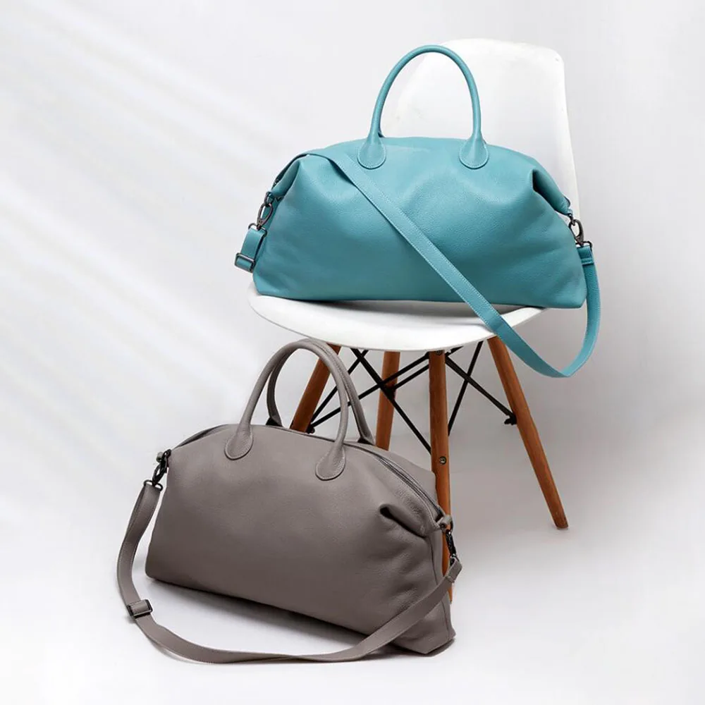 

Big Capacity Genuine Leather Bag Women Soft Fresh Blue Cowhide Casual Travel Duffel Luggage Weekend Shoulder Bag