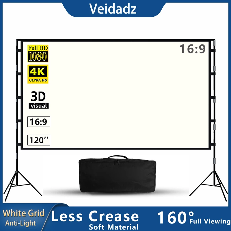 

VEIDADZ Projector Screen With Stand Soft White Grid Anti-light 160 ° Viewing Angle Less Crease 100 120inch Screen Outdoor Indoor