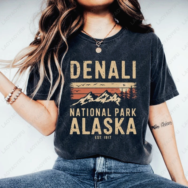 Фото Футболка Denali National Park Alaska Mountain, забавная футболка для кемпинга, любителей приключений, подарки для мужчин и женщин, винтажные футболки унисекс для взрослых №1
