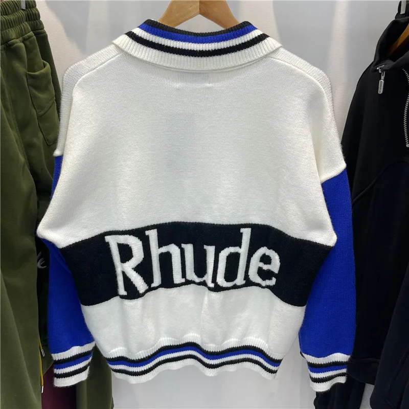

Blue 2023ss White Rhude Sweater Men Women 1:1 Best Quality Patchwork Knitting Rhude Sweatshirts