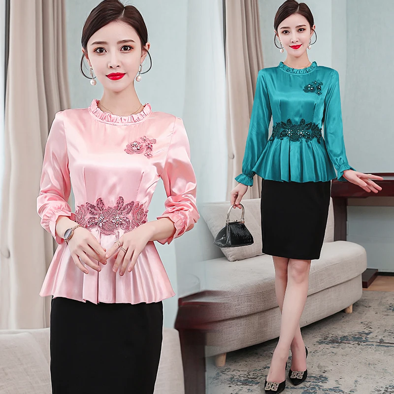 Блузка Женская атласная с длинным рукавом элегантный топ баской рубашка