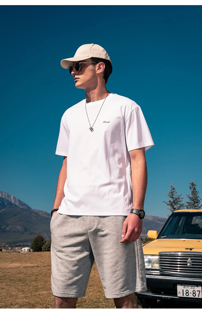 

6934 Youth all-match casual mercerized cotton loose five-point sleeve short-sleeved T-shirt