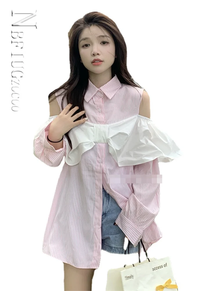 

Big Bow Off Shoulder Shirts Women's Clothing Pink Shirt Loose Top Casual Sweet Button Up Blouse Autumn 2022 Korean