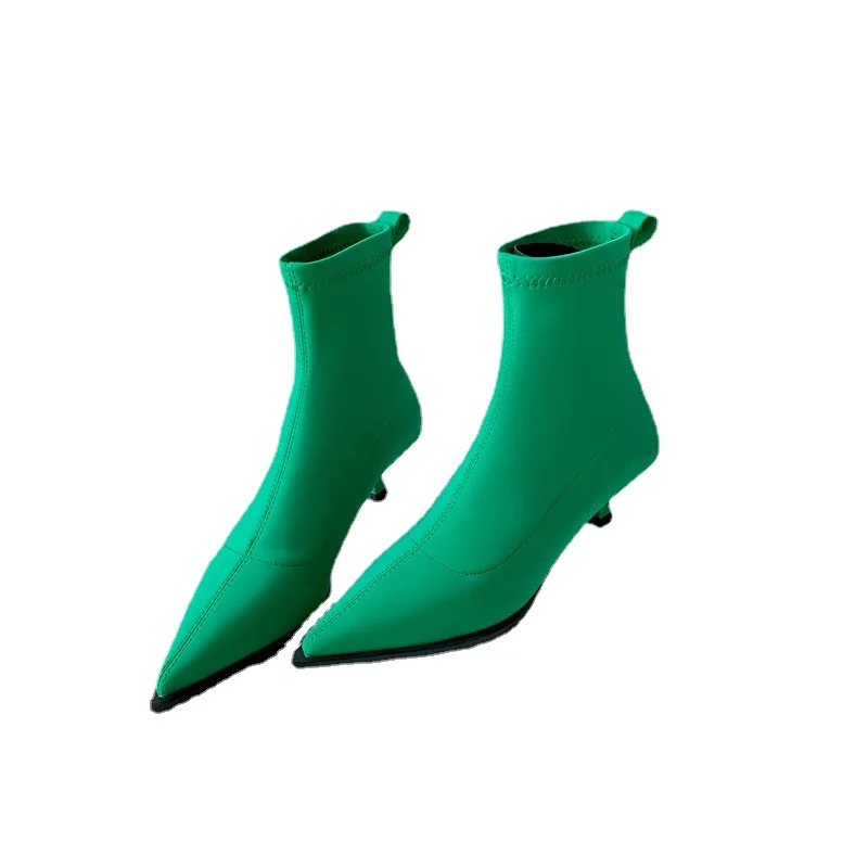 

Women's Elastic Boots Ankle Pointed Toe New Autumn Ladies Kitten Heels Pumps Female Dress Shoes Slip on Modern Bottes