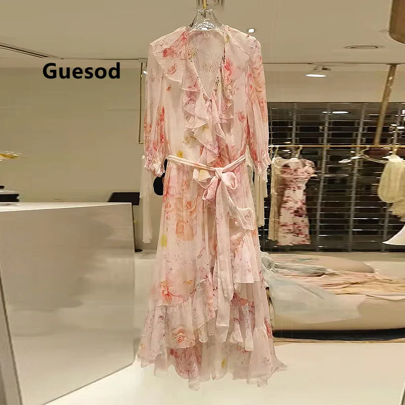 

Guesod Silk Dress 2022 Summer Female Fairy Elegant Sweet Ruffles Pink Print Silk Slim Long Dress New