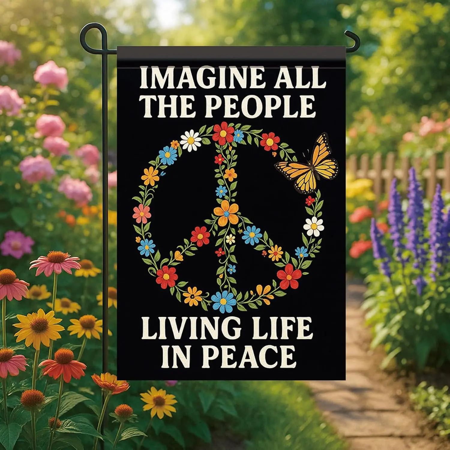 Фото Флаг Peace House 28x40 дюймов, с надписью «Imagine All The People», садовый флаг, двусторонний, с бабочками и цветочными венками, Yar EEZ №5