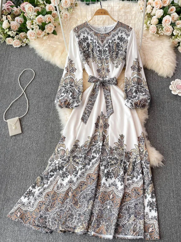 

FTLZZ Spring Autumn Women O-neck Puff Sleeve Long Dress Vintage Lady Bohemia Floral Print Dress Casual Sash Tie Up Dress