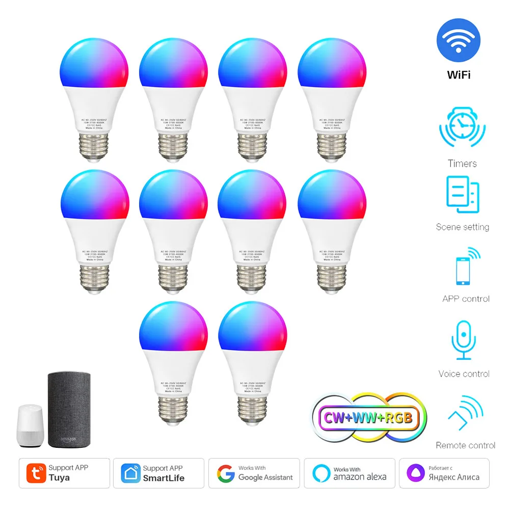 

15W WiFi E27 RGBCW LED Light Bulb TUYA Smart Life Lightbulbs Dimmable Timer Lamp Bulbs Voice Control Via Google Home Alexa Alice