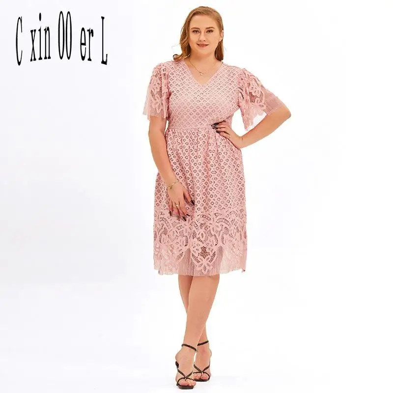 

Plus Size New Fashion Spring Summer New Products Quick Sale European Women Clothes Loose Casual Short Sleeved Lace Dress