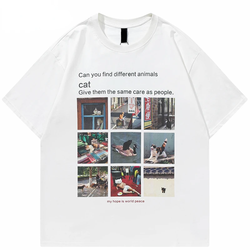 

Мужская футболка в стиле хип-хоп, футболка с забавным рисунком кошки, хлопковая Футболка с винтажным принтом, 2023, хипстерские Топы в японском стиле Харадзюку, футболки