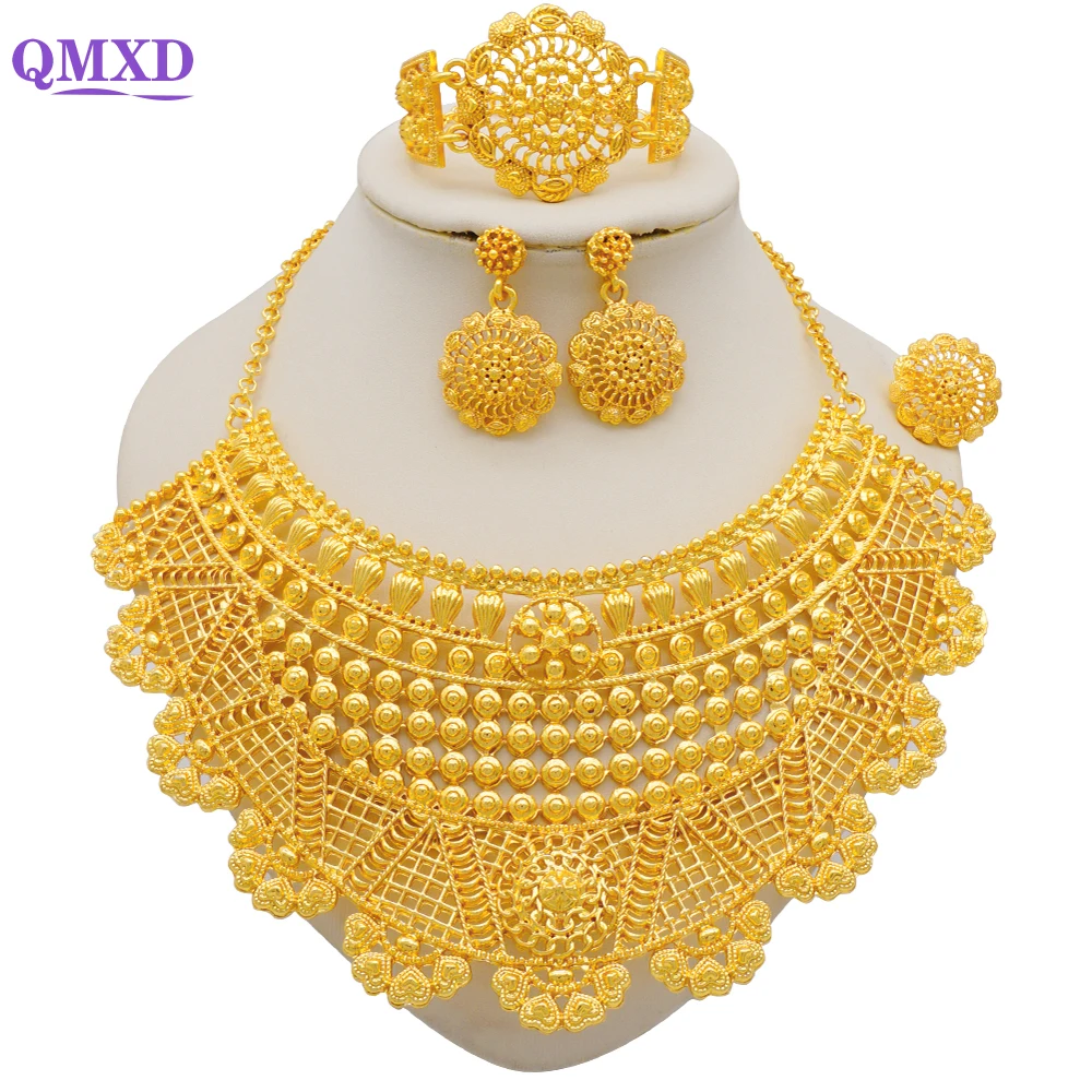Luxury Dubai Gold Color Jewelry Sets For Women Indian Jewelry Necklace Earrings Ring Bracelet Moroccan Bridal Wedding Party Gift