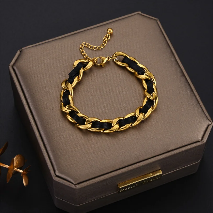 

316L Stainless Steel New Fashion Upscale Jewelry Minimalism Interweave Leather Charm Thick Chain Bracelets Bangles For Women