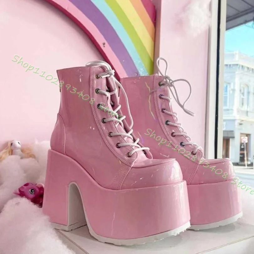

Pink Cross Band Platform Ankle Boots Patent Leather Back Zipper Round Toe Chunky Heels Women Spring Shoes Zapatos Para Mujere