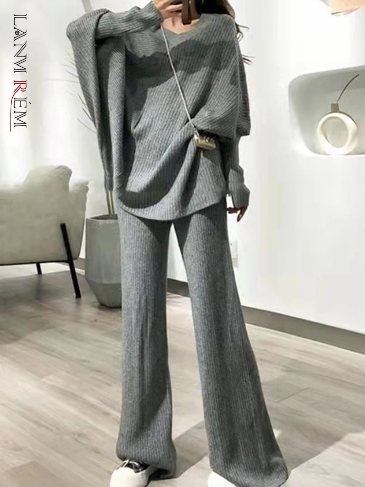 

LANMREM 2022 Autumn Winter New Knitted Irregular Loose Sweater+wide Leg Pants 2 Pieces Set Women Loose Fashion Clothing 2R7621