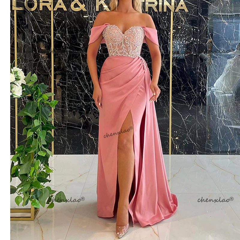 

Chenxiao Prom Dress Pink Mermaid Off The Shoulder Sexy High Slit Vestido Appliques Beads Saudi Arabia See Through Pleat Gowns