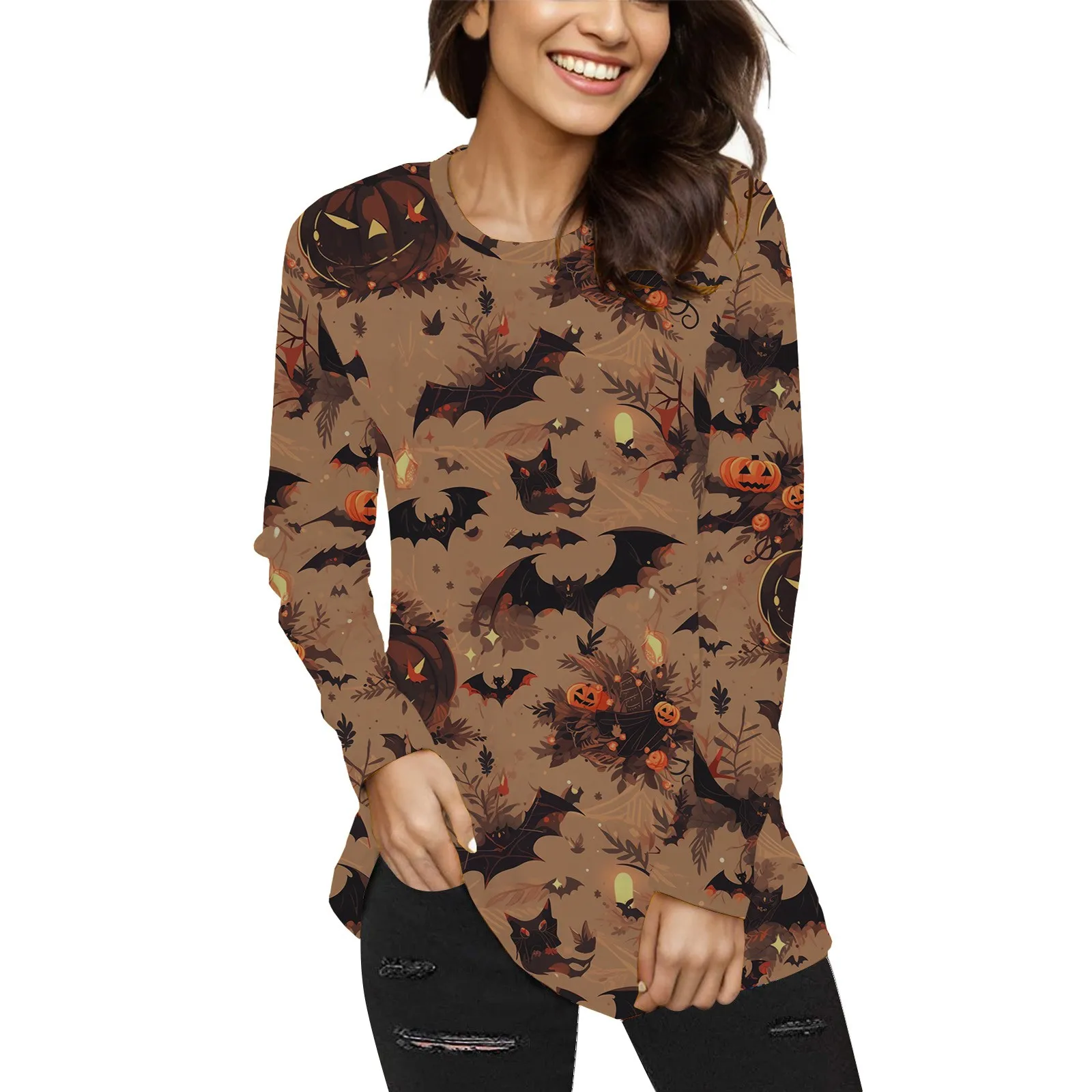 

Женская свободная футболка с принтом летучая мышь на Хэллоуин, футболка с длинным рукавом, топ с круглым вырезом, повседневные спортивные топы, блузы для женщин на осень