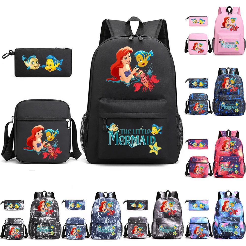 

Disney Anime Cartoon Mermaid School Bags Child Teen Travel Black Pink Student Backpack 3Pcs Backpack Shoulder Bag Pencil Case