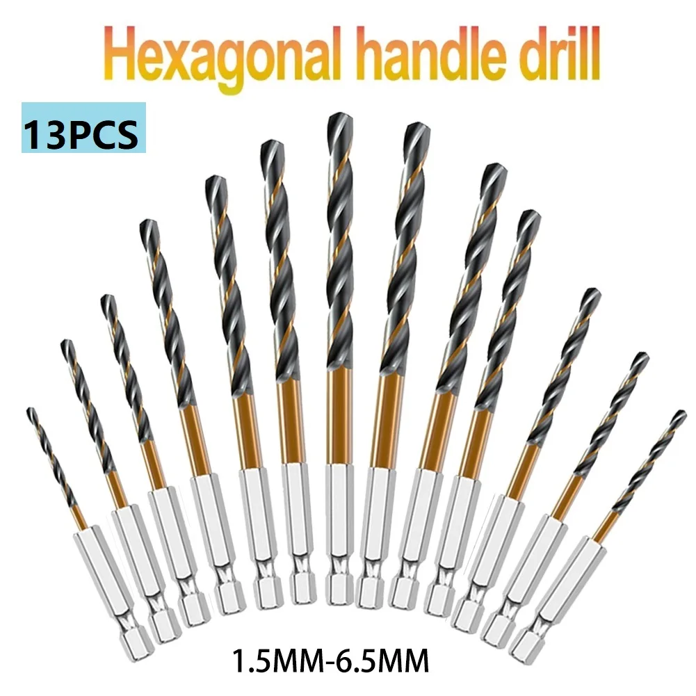 

13pcs/set HSS High Speed Steel Titanium Coated Drill Bit Set 1/4 Hex Shank 1.5-6.5mm Drill Bits Wood Drill Bit Power Tools Acces