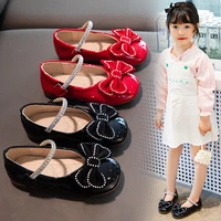 2022 summer new girls leather shoes kids princess versatile soft princess performance shallow mary jane bow solid red rhinestone