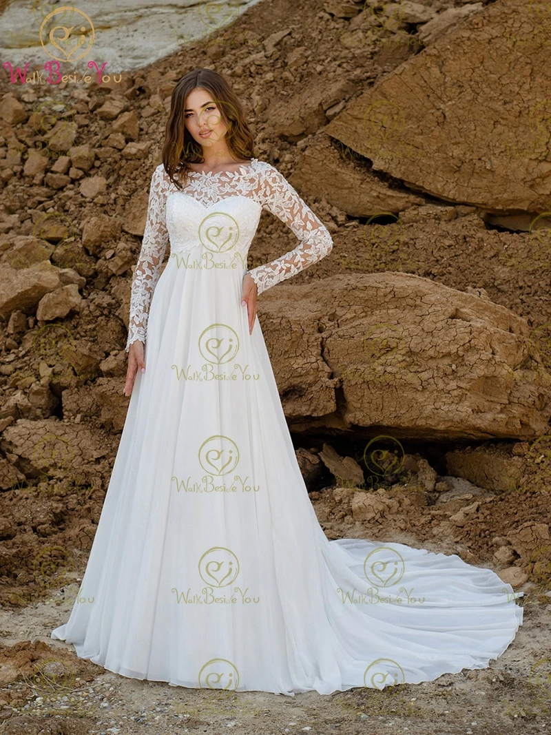 

Pregnant Wedding Dresses 2022 Bride Gowns Chiffon Lace A Line Full Sleeves See Through A Line Court Train Elegant Women Formal