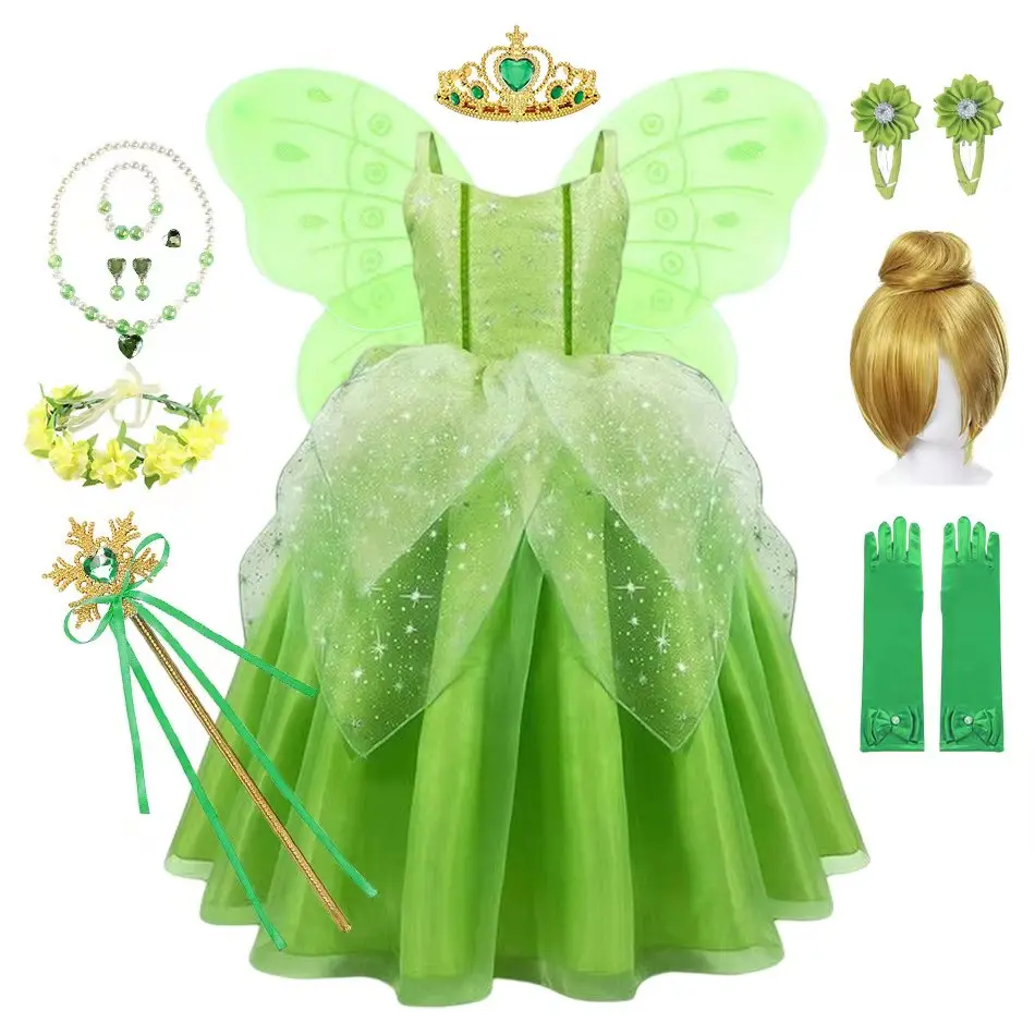 

Disney Princess Tinkerbell Birthday Party Fairy Costume for Girls Halloween Christmas Cosplay Green Elf Tinker Bell Fancy Dress