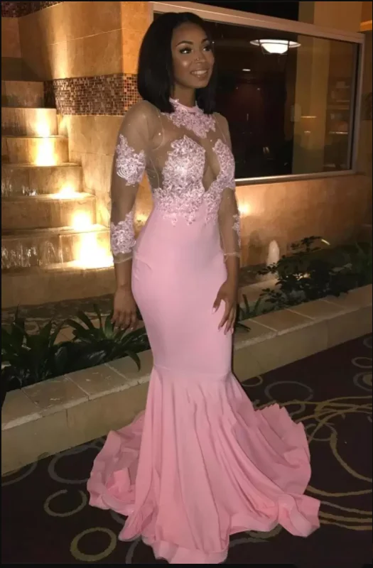 

Classic Long Sleeves Prom Dresses African Blacks High Neck Sheer Appliqued Pink Evening Gowns Illusion Bodice Party Wears