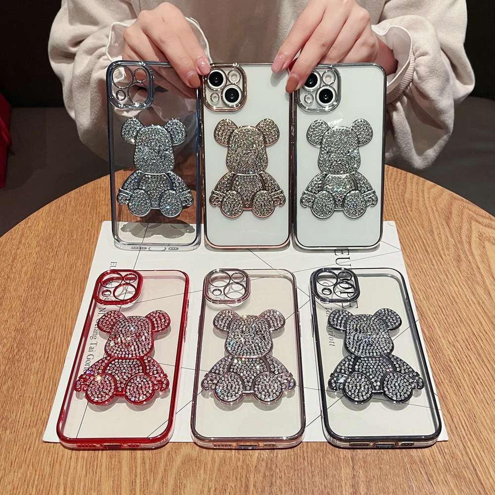 

Luxurious Diamond Bear Case for iPhone 11 12 13 14 Pro Max 12Pro 13Pro Electroplate Rhinestone Transparent Silicon Cover
