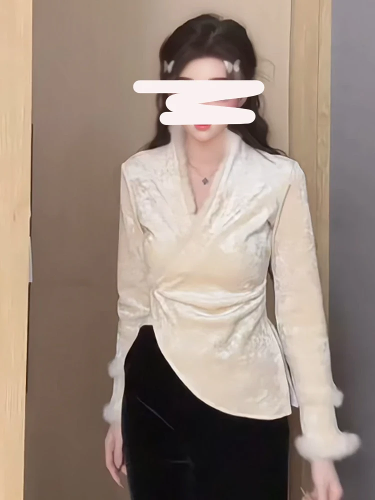 Новые китайские бархатные утолщенные рубашки на флисовой подкладке женские