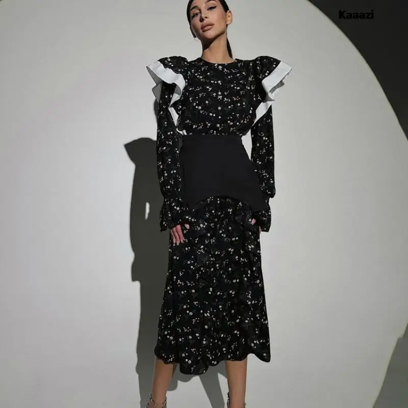 

KAAAZI 2023 New Long Sleeve Maxi Dress Flounced Edge Patchwork Lantern Sleeves Floral Print Women Long Dress Casual Fashion