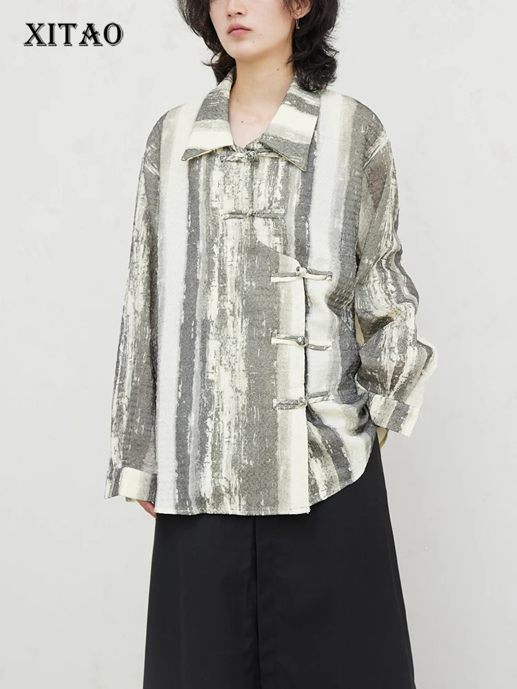 

XITAO винтажная женская рубашка с отложным воротником и принтом, однобортная Свободная рубашка с длинными рукавами, осень 2023, Новое поступление, Повседневная рубашка DMJ2642