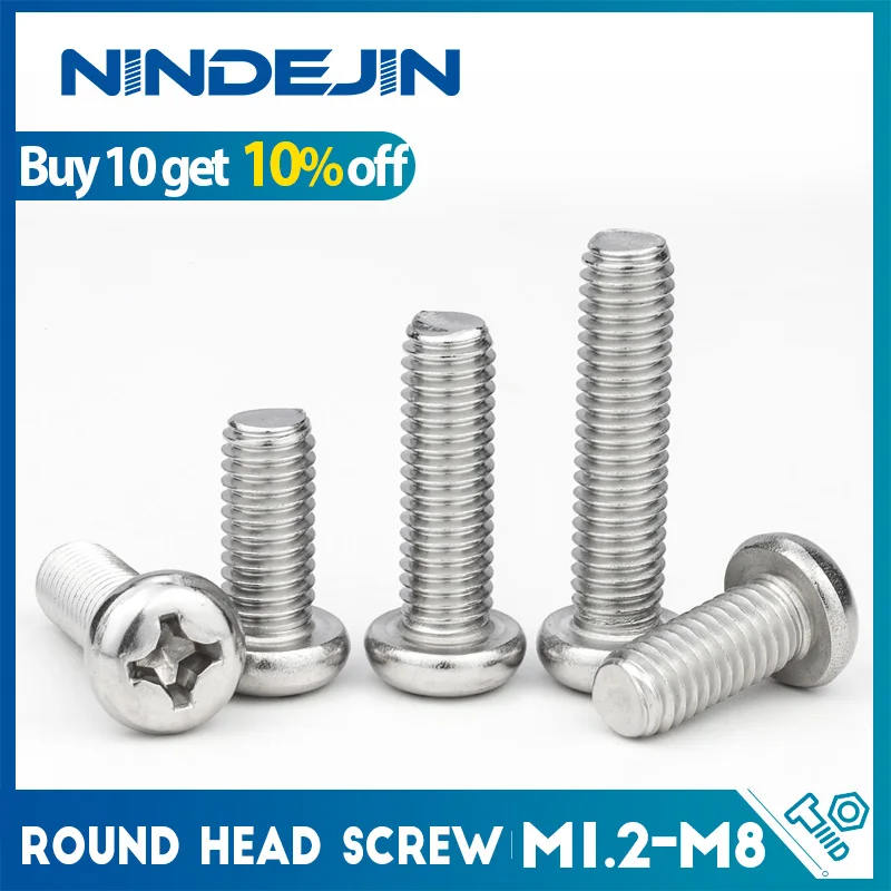 NINDEJIN Cross Recessed Round Head Screws M1.2 M1.4 M1.6 M2 M2.5 M3 M4 M5 M6 M8 Stainless Steel Phillips Computer Machine Screw