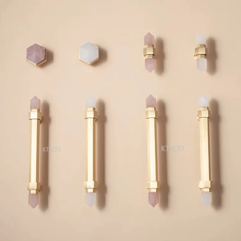 

White Crystal Cabinet Door Handles Nordic Decor Brass Furniture Accessories Pink Natural Crystal Dresser Pulls Drawer Knobs
