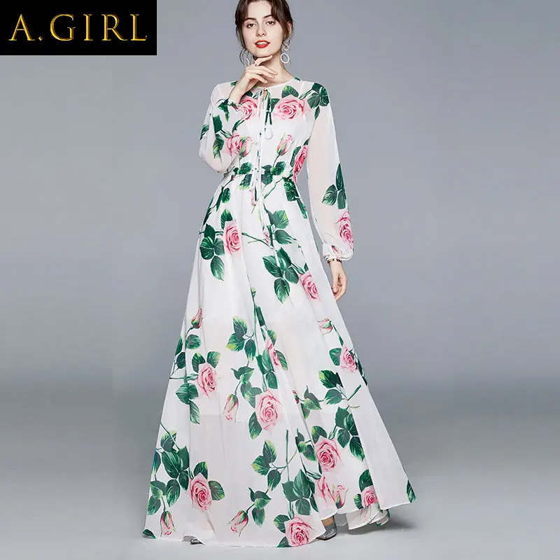 

A GIRLS Banulin летние модные Подиумные богемные макси платья женские с длинным рукавом с принтом роз s эластичная талия праздничные элегантные длинные