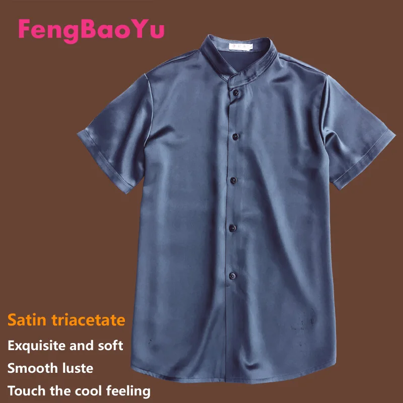 Fengbaoyu Acetic Acid Silk Men's Short-sleeved Vertical Collar Shirt and Large Size Blouse Men Clothing Streetwear Free Shipping