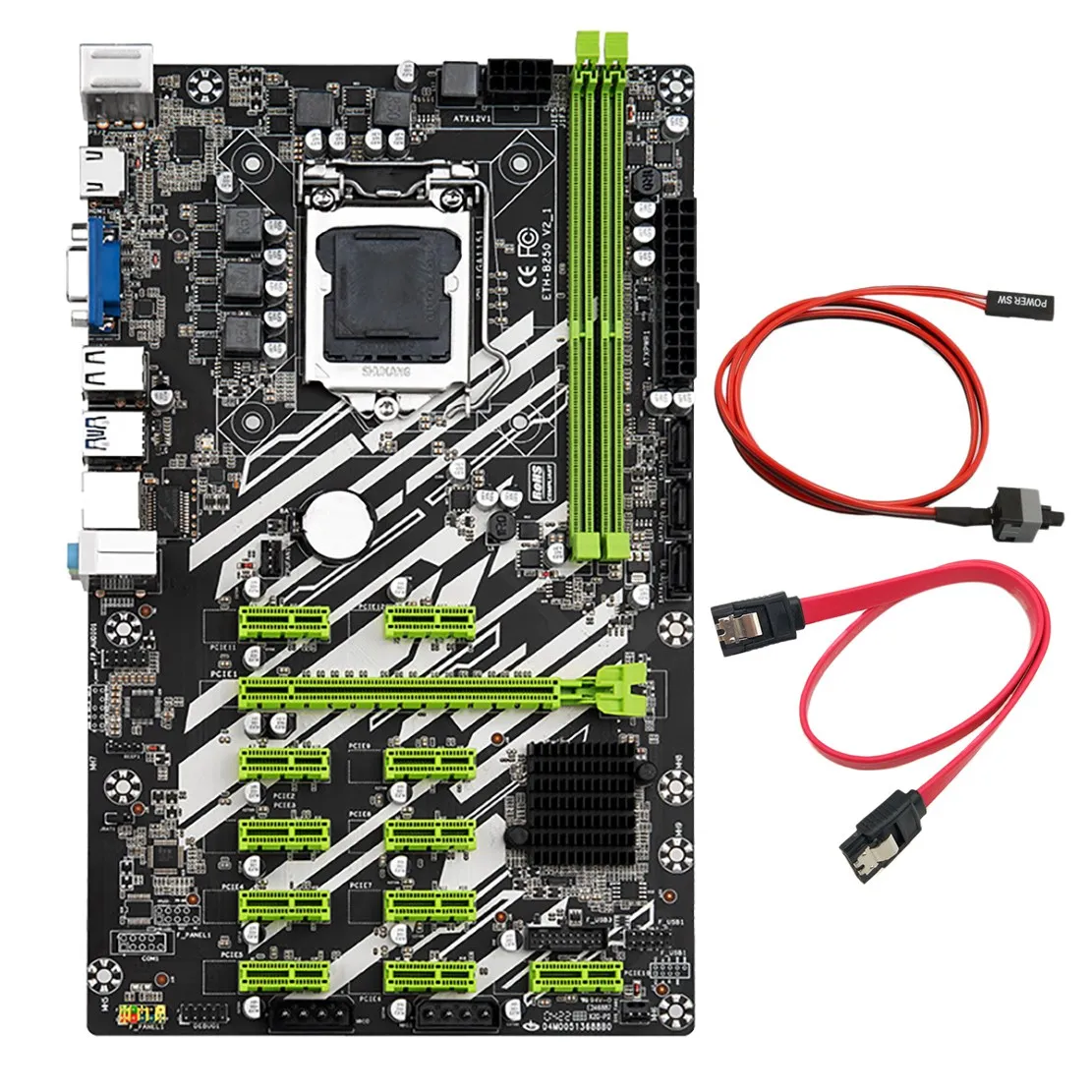 

B250 BTC Mining Motherboard with Switch Cable+SATA Cable 12 PCI-E Slots LGA1151 DDR4 RAM SATA3.0 USB3.0 Support VGA+HD