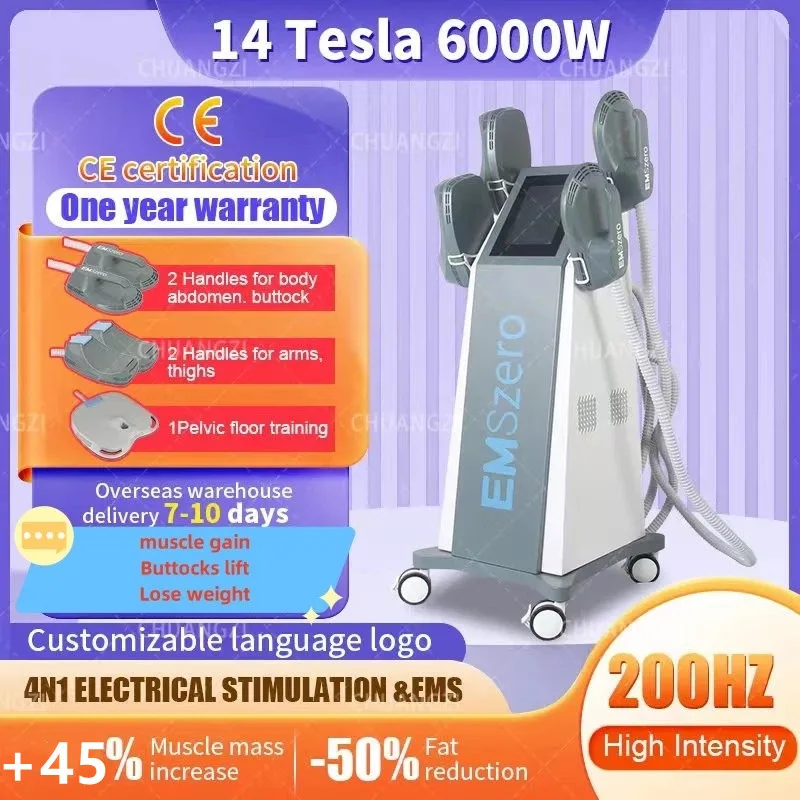 2023 New in EMSzero 6000W 14 Tesla Hi-emt Muscle EMS Machine With 4 Pcs Neo Handles With Pelvic Stimulation Pads Optional