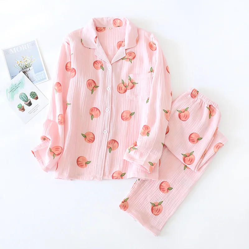 

New Womens Pajamas Set Autumn Heart Printed Crepe Cotton Double-Layer Gauze Turn-Down Collar Long-Sleeve Trousers Household Wear