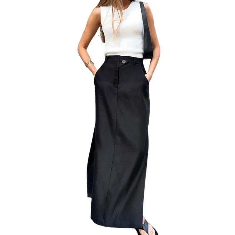 

Black cotton silk long skirt European and American women's autumn split high waist temperament commuter drape skirt